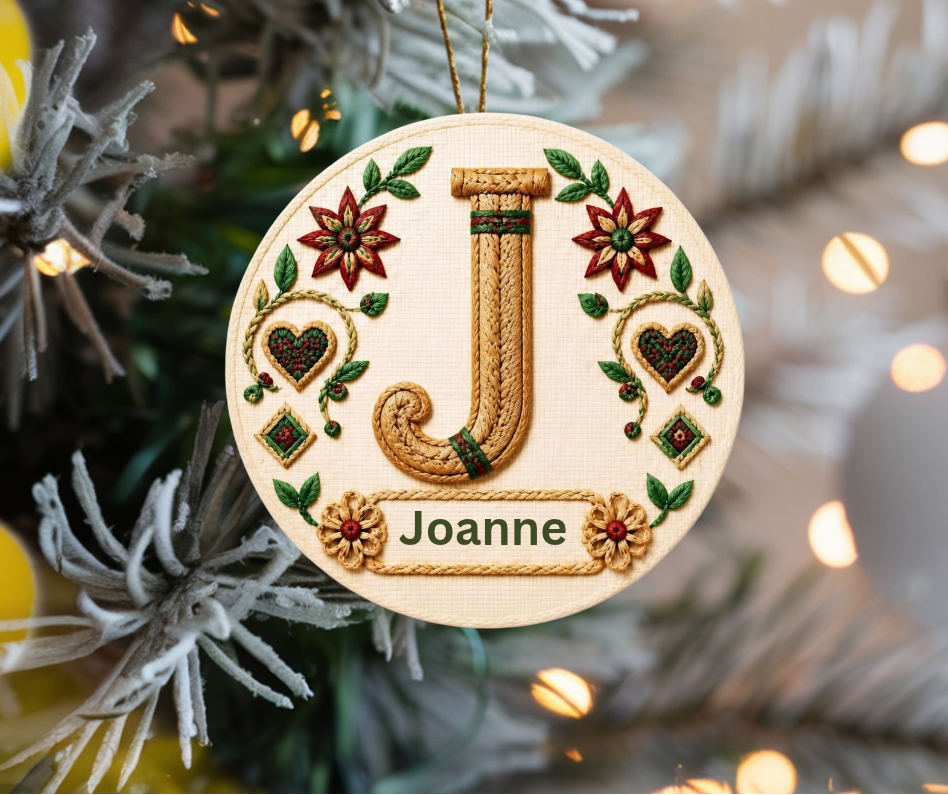 Personalized woven straw monogram Christmas ornament