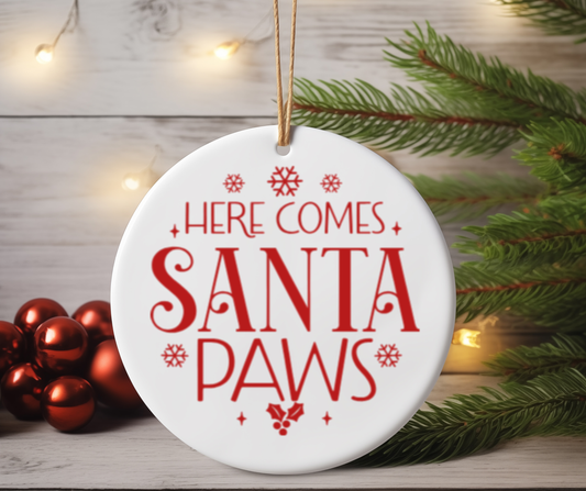 “Here Comes Santa Paws” Ceramic Ornament – Dog Bone Christmas Tree Decoration