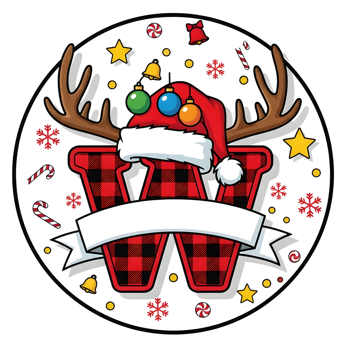Letter W buffalo plaid reindeer personalized monogram Christmas ornament