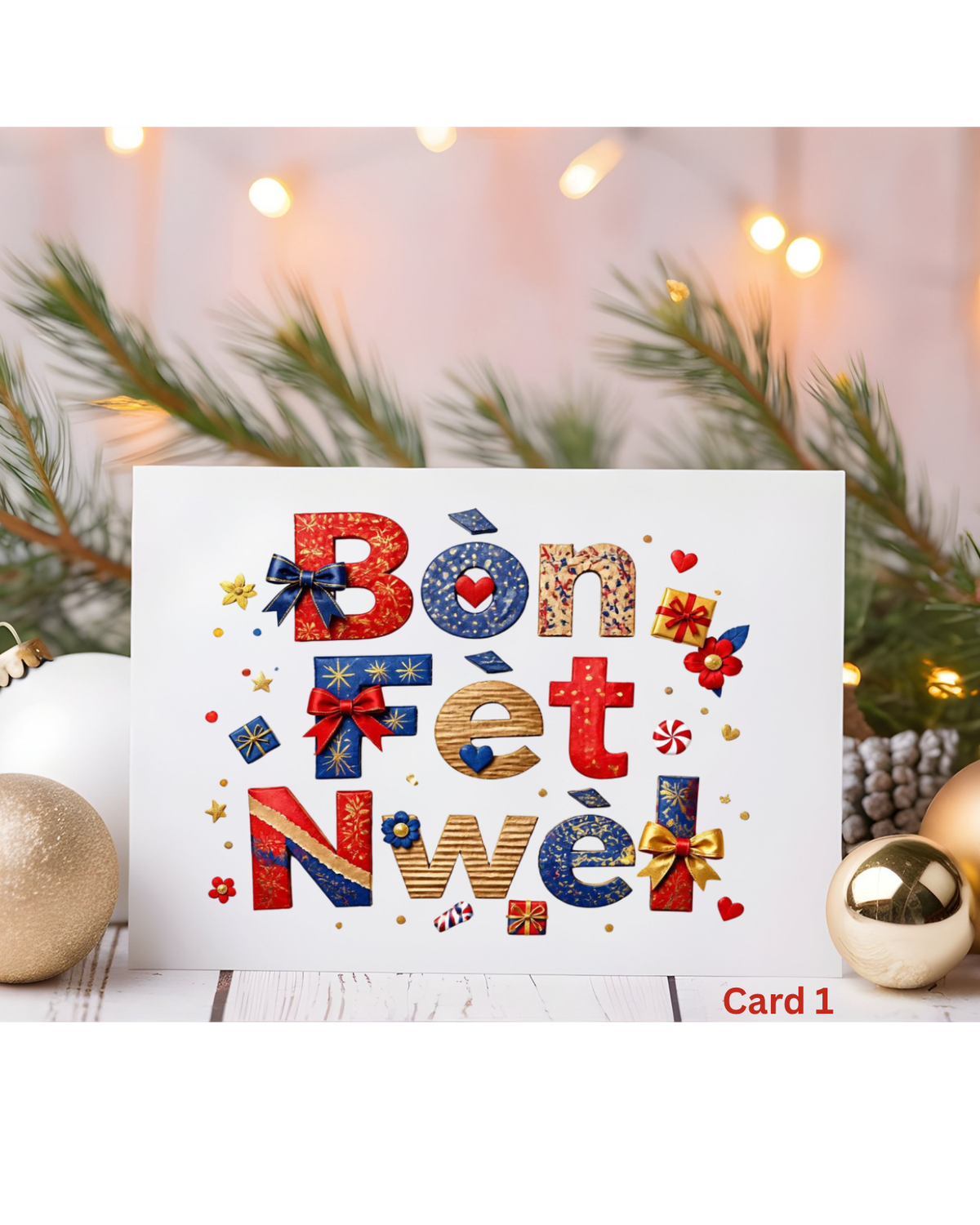 Card 1 – Red and Blue Patterned Bows Bòn Fèt Nwèl Haitian Christmas card