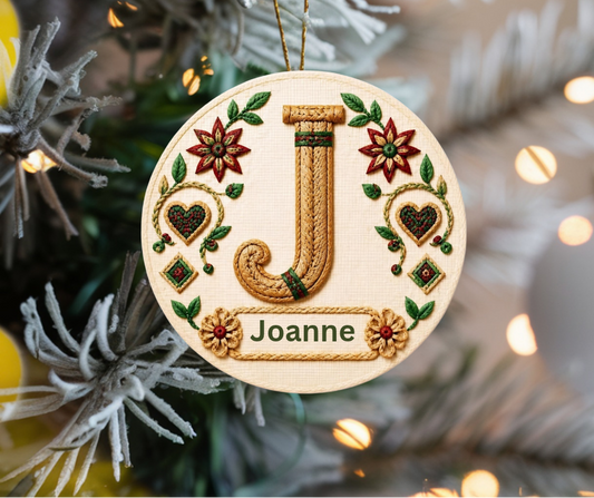 Personalized woven straw monogram Christmas ornament
