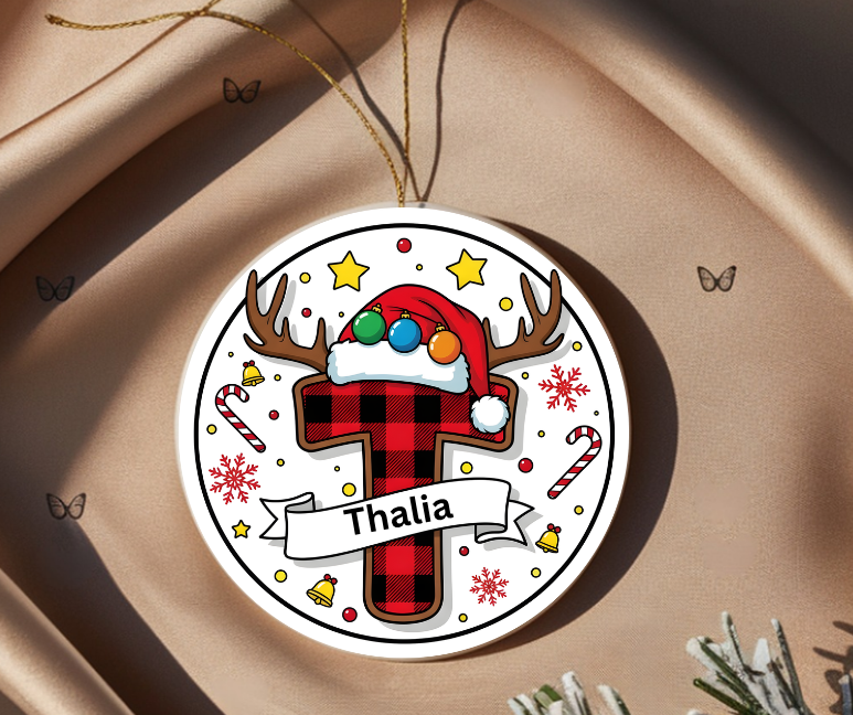 Personalized buffalo plaid reindeer monogram Christmas ornament