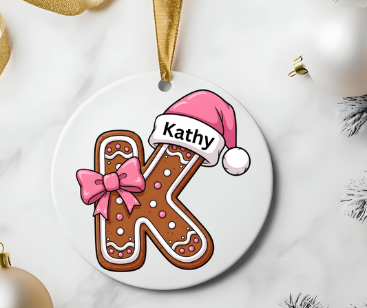 Personalized pink gingerbread monogram Christmas ornament