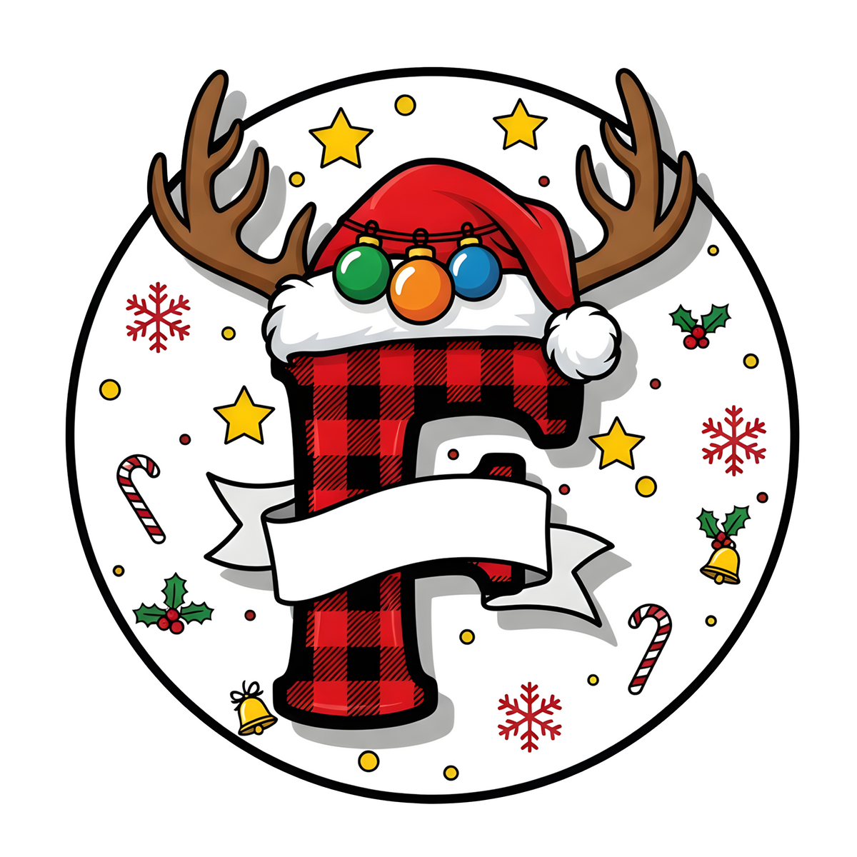 Letter F buffalo plaid reindeer personalized monogram Christmas ornament