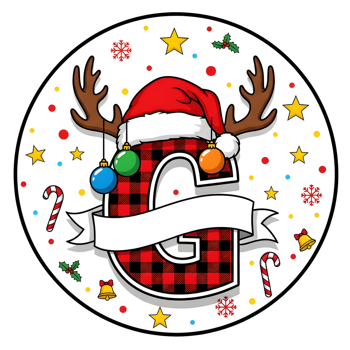 Letter G buffalo plaid reindeer personalized monogram Christmas ornament
