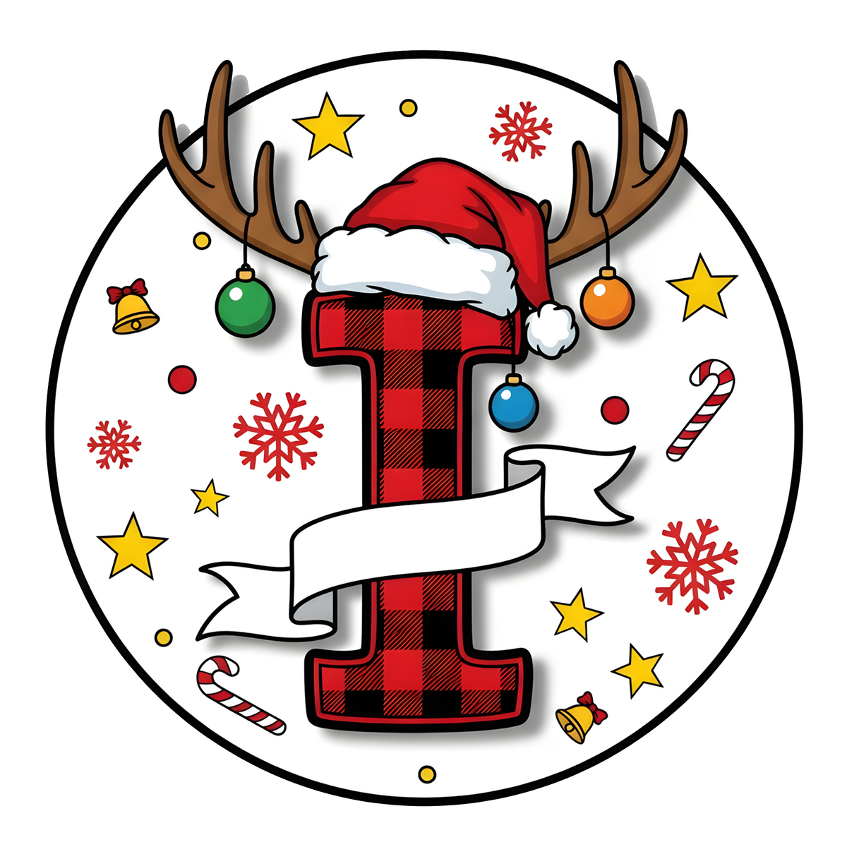 Letter I buffalo plaid reindeer personalized monogram Christmas ornament