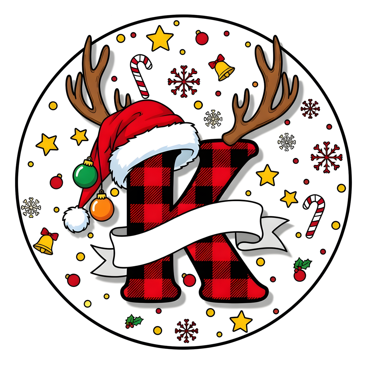 Letter K buffalo plaid reindeer personalized monogram Christmas ornament