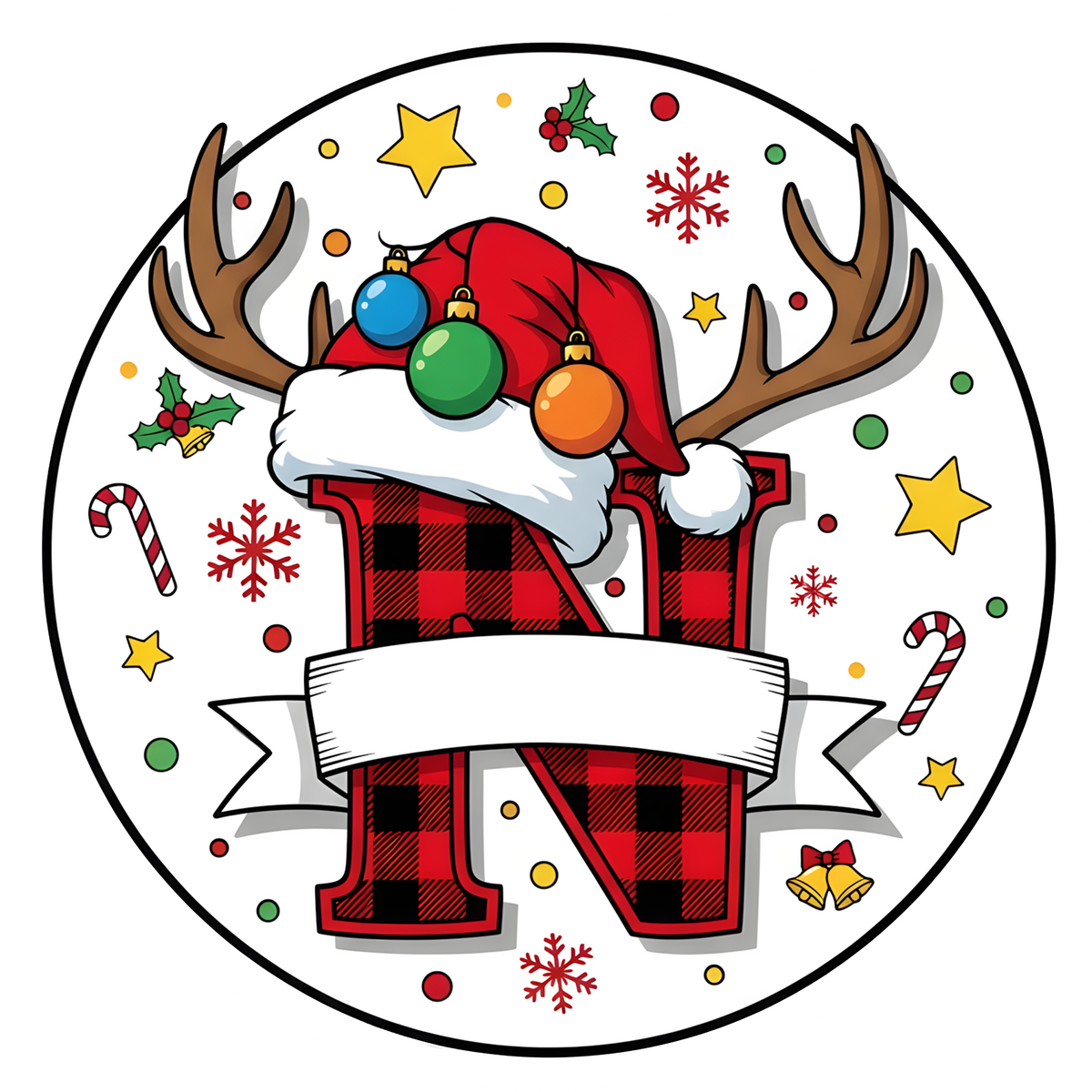 Letter N buffalo plaid reindeer personalized monogram Christmas ornament