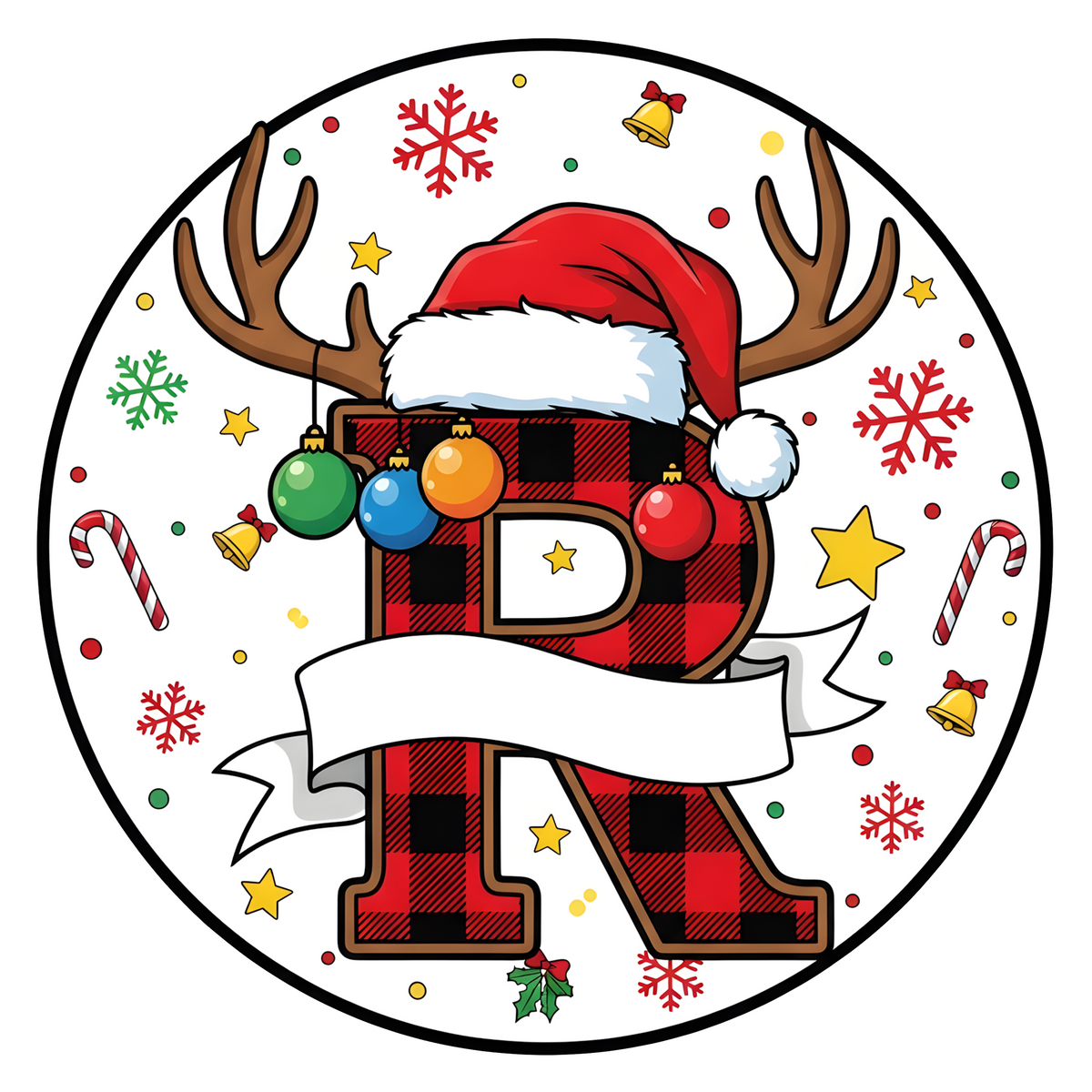 Letter R buffalo plaid reindeer personalized monogram Christmas ornament