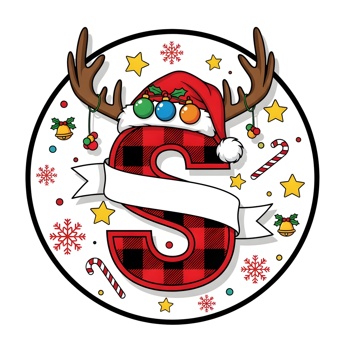 Letter S buffalo plaid reindeer personalized monogram Christmas ornament