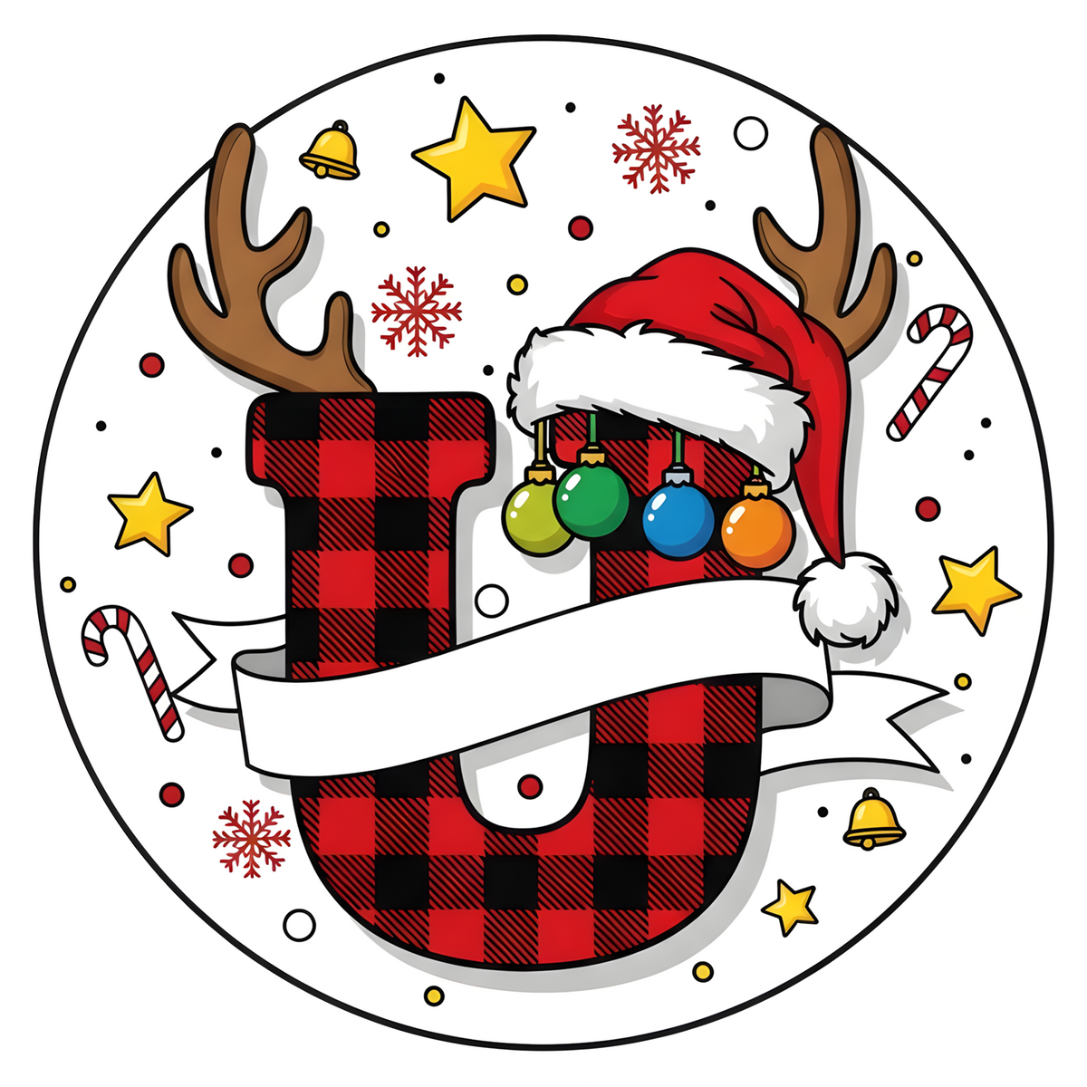 Letter U buffalo plaid reindeer personalized monogram Christmas ornament